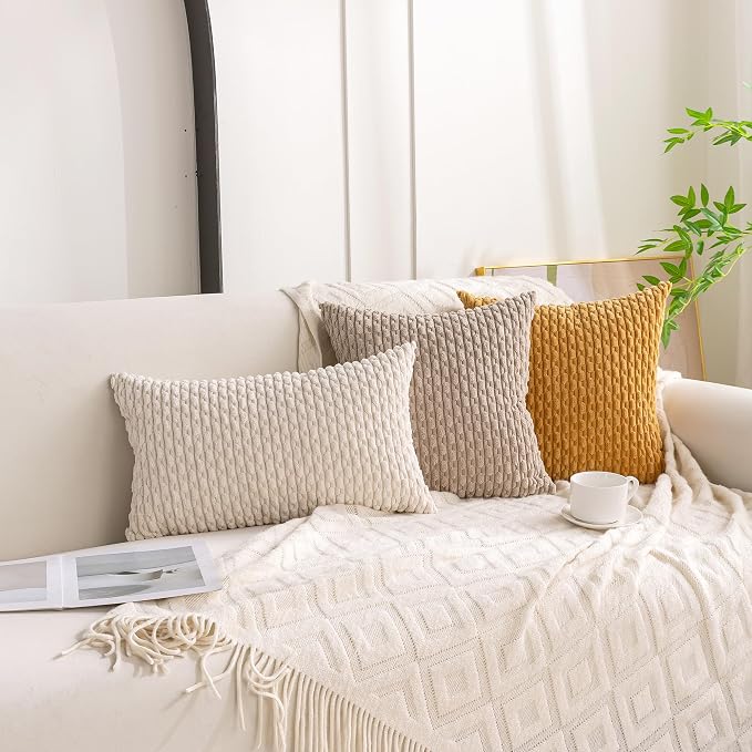 Set of 4 Beige Brown Coffee Decorative Throw Pillow Covers 24x24 Inch Corduroy - Image 3