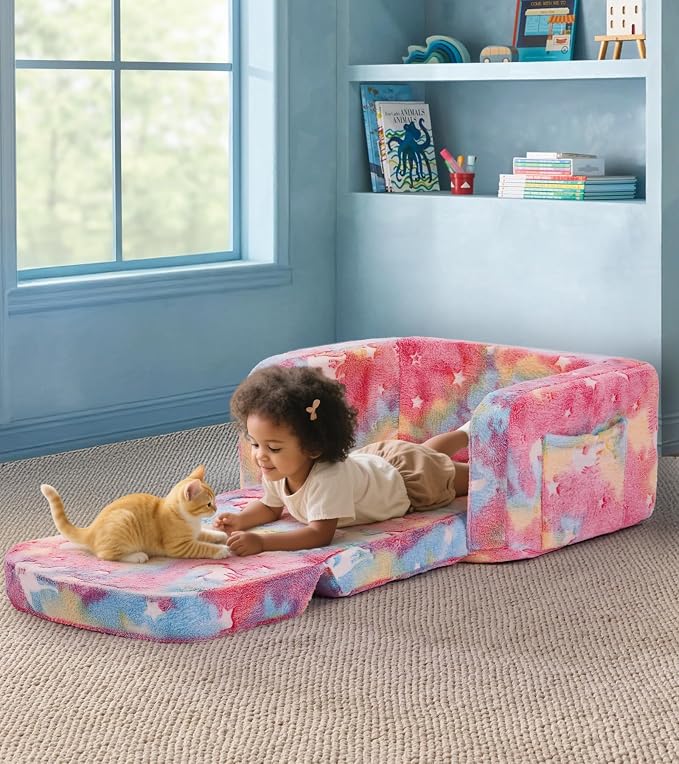 Kids Couch, 2-in-1 Soft Toddler Couch Fold Out - Image 2