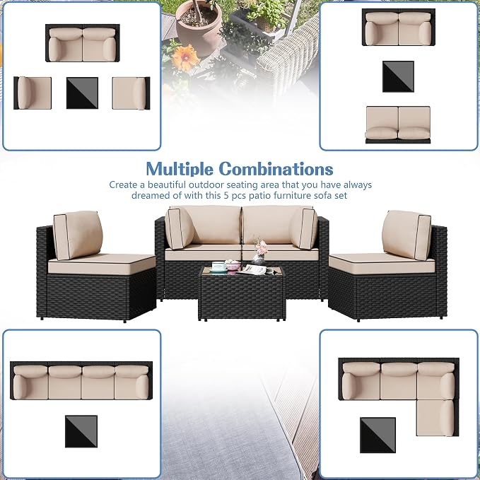 Patio Furniture Sets, 5 Piece Outdoor Sectional Sofas, Wicker Rattan Outdoor - Image 5