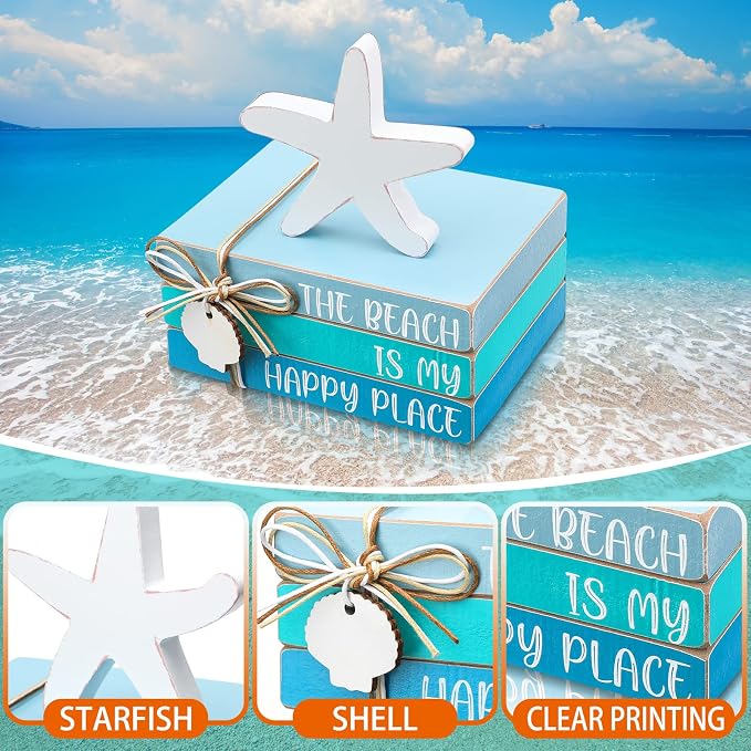 Pinkunn 4 Pcs Summer Table Coastal Theme Decorations Wooden Beach Starfish - Image 4