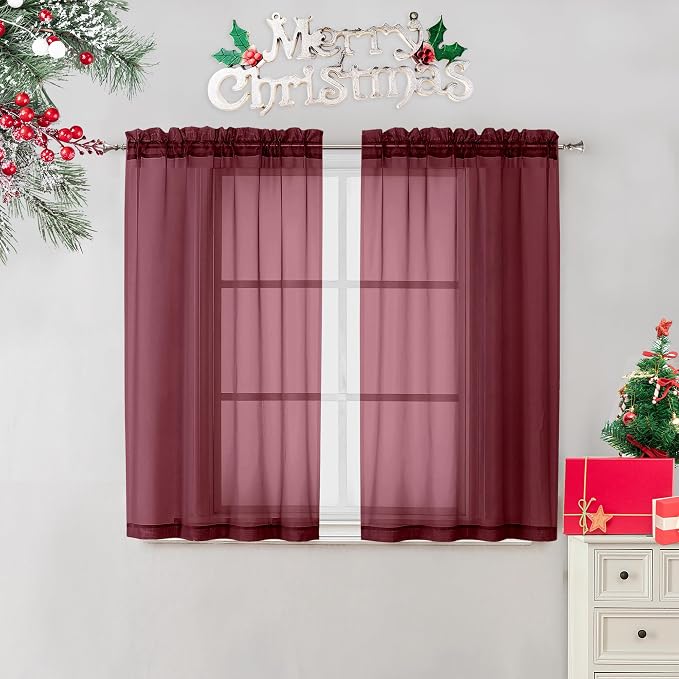 2 Panels Window Burgundy Sheer Curtains 42" x 45" Inches by OVZME