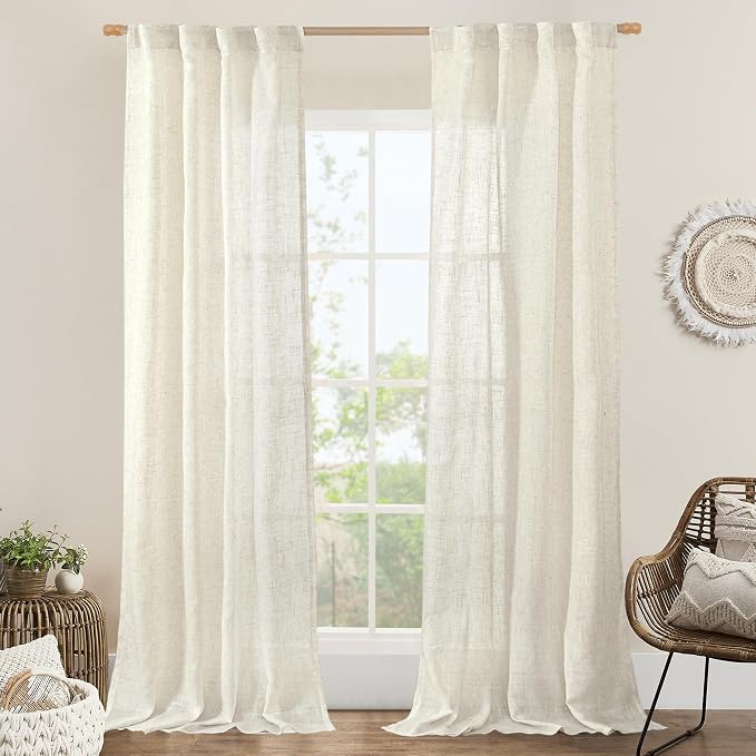 84 Inch Length Natural Semi Sheer Linen Curtains 2 Panels by LAMIT