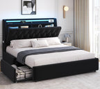 Full LED Velvet Bed Frame with 2 Storage Drawers&Hidden Headboard, Upholstered by JOCOEVOL
