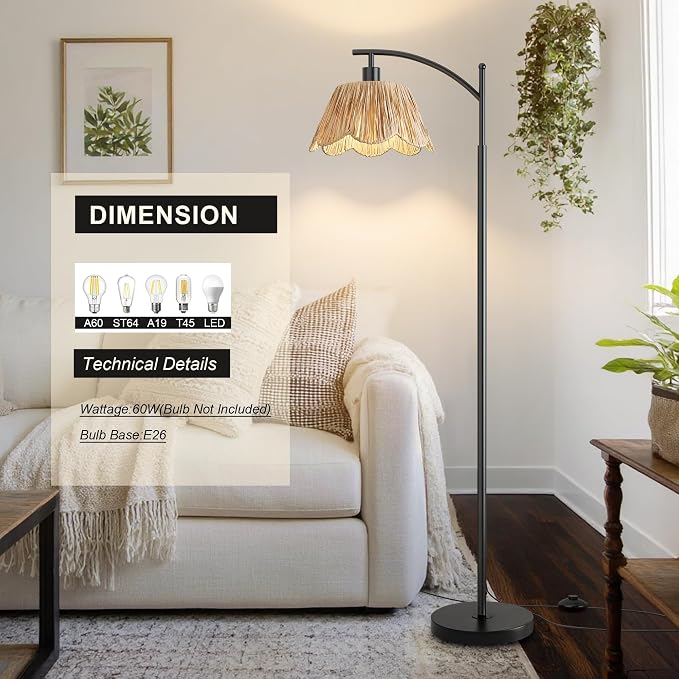 Oneach Boho Rattan Floor Lamp for Living Room, Farmhouse Standing Lamp - Image 5