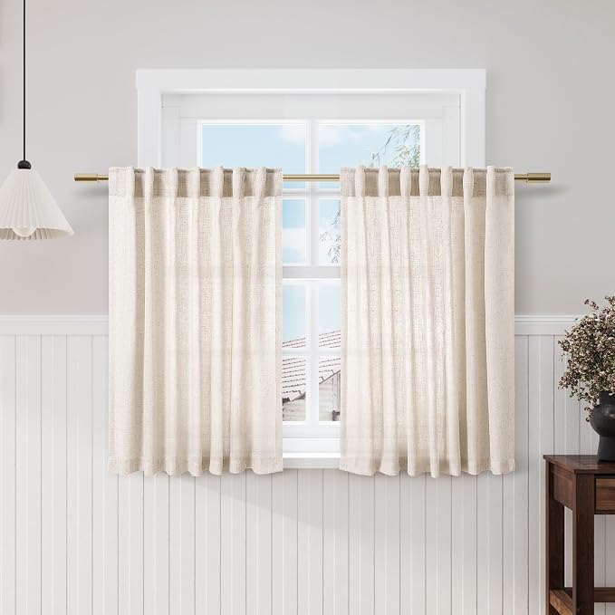 Beige Cafe Curtains 48 Inch Length Set 2 Panel Back Tab Pocket Semi Sheer Short by Nanspring