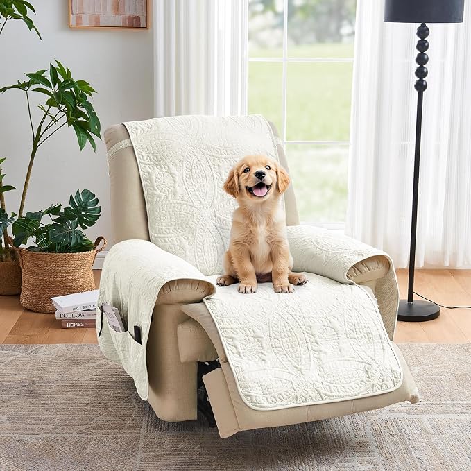 Quilted Recliner Chair Covers, Water-Repellent Slipcovers, Off White Recliner - Image 8