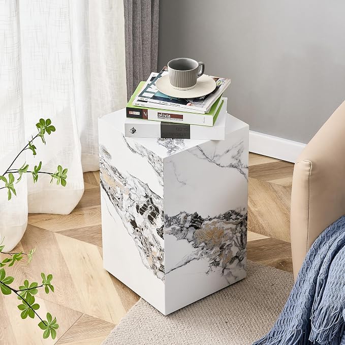White Marble Rectangular End Coffee Table, Modern Elegant Bedside Nightstand - Image 7