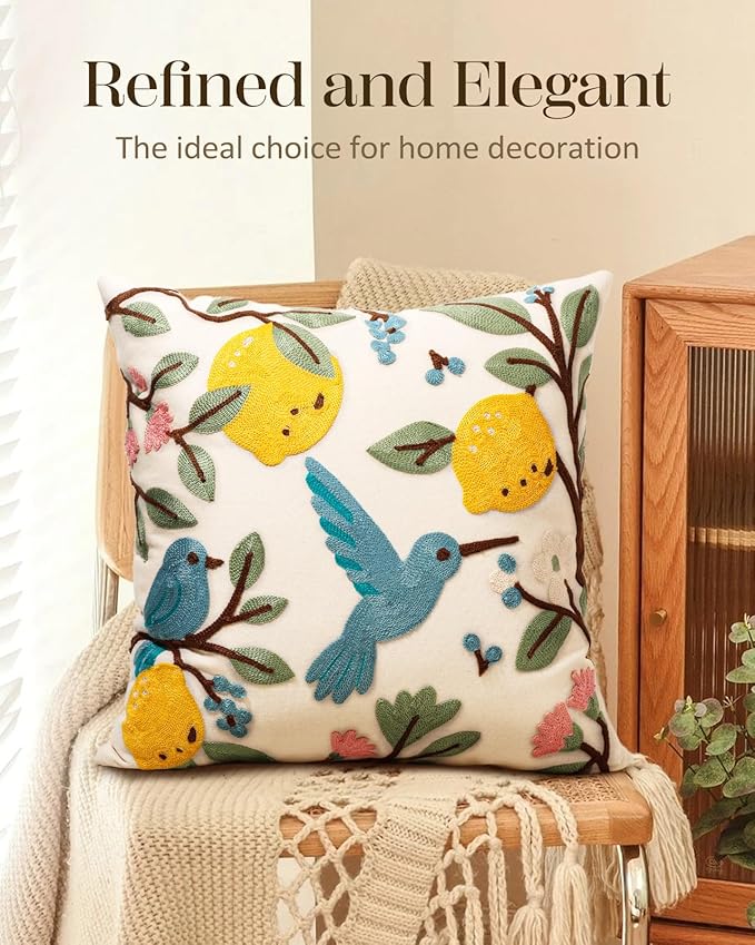 Embroidered Throw Pillow Cover 18x18 Inch, Bird Lemon | Decorative Pillow Cover - Image 5