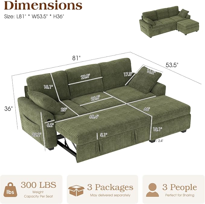 Ihanherry 81-inch Corduroy Modular Sectional Sofa Bed - Image 2