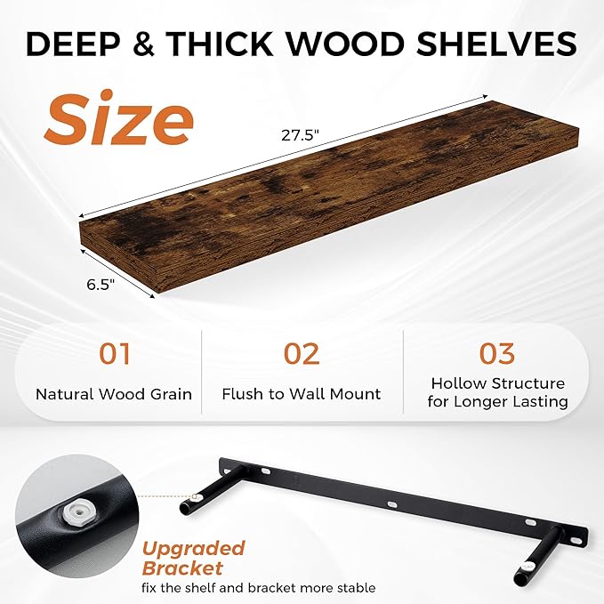 Fun Memories Floating Shelves for Wall, 27.5" Rustic Wood Deep Wall Mounted - Image 4
