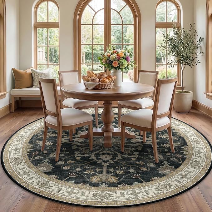 RELEANY Washable Area Rug, Round 7ft, Water Repellent, Pet Friendly, Vintage by RELEANY