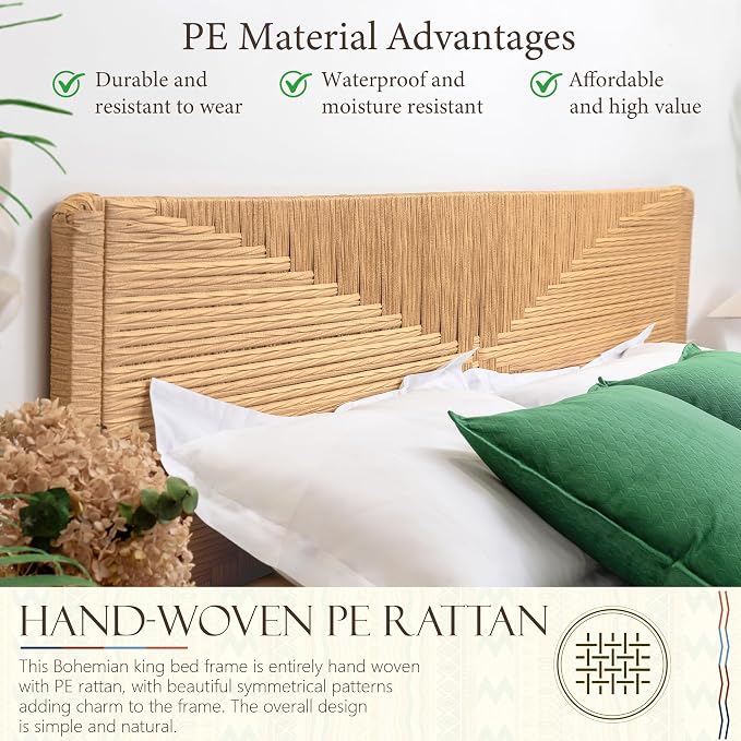 Yechen Hand-Woven PE Rattan King Bed Frame - Image 4