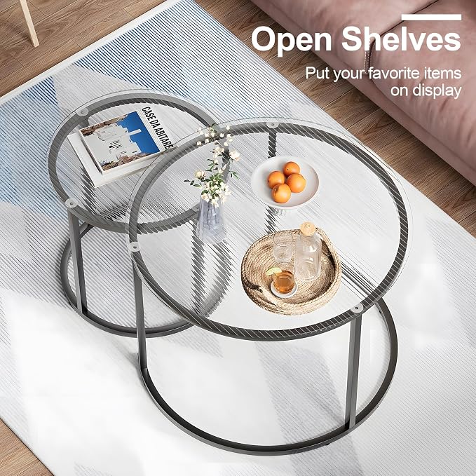 aboxoo Gold Nesting Coffee Table Set of 2, Small Glass Round Nesting Tables - Image 3