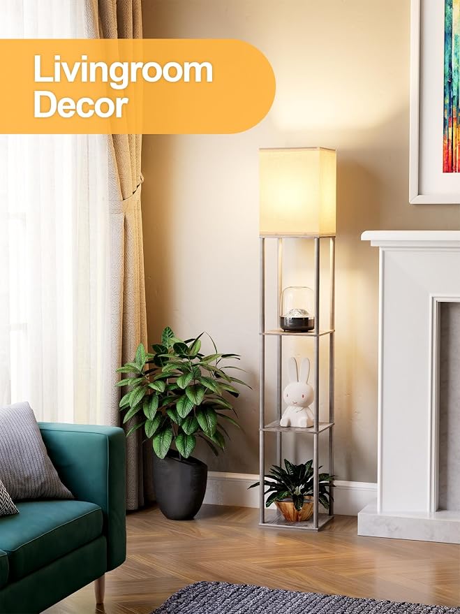 Floor Lamp with Shelves for Living Room Oak Gray, Shelf Floor Lamp with 3 CCT - Image 6
