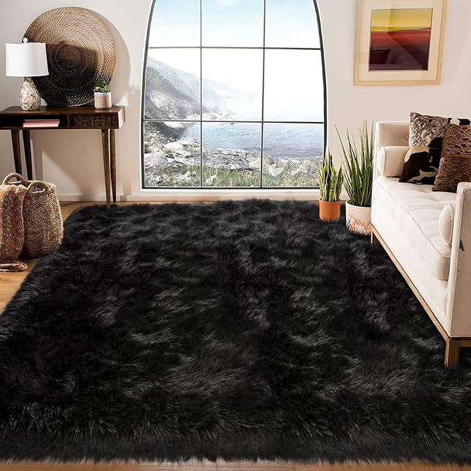 Latepis Area Rugs 12x12 Black Fuzzy Washable Rugs Faux Sheepskin Fur Rug - Image 2