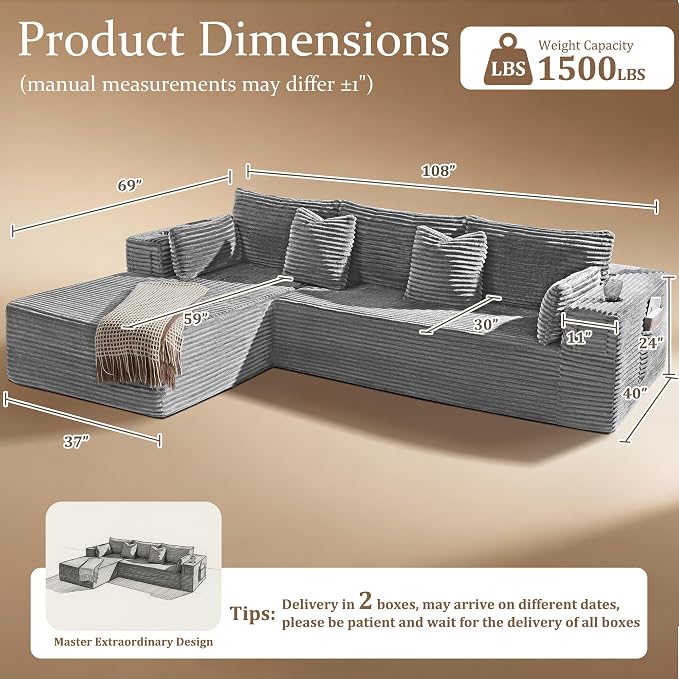 108" Oversized Cloud Sectional Couch, Comfort L Shaped Boneless Couch - Image 2