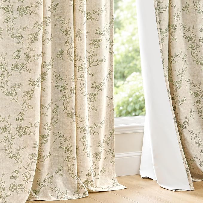 Blackout Vintage Floral Linen Curtains Green on Beige 50×90 2 Panels | Elisa - Image 9