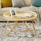 FINECASA Round Rattan Coffee Table, Modern Unique Farmhouse Tray Top Center - Image 7