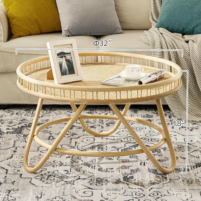FINECASA Round Rattan Coffee Table, Modern Unique Farmhouse Tray Top Center - Image 7