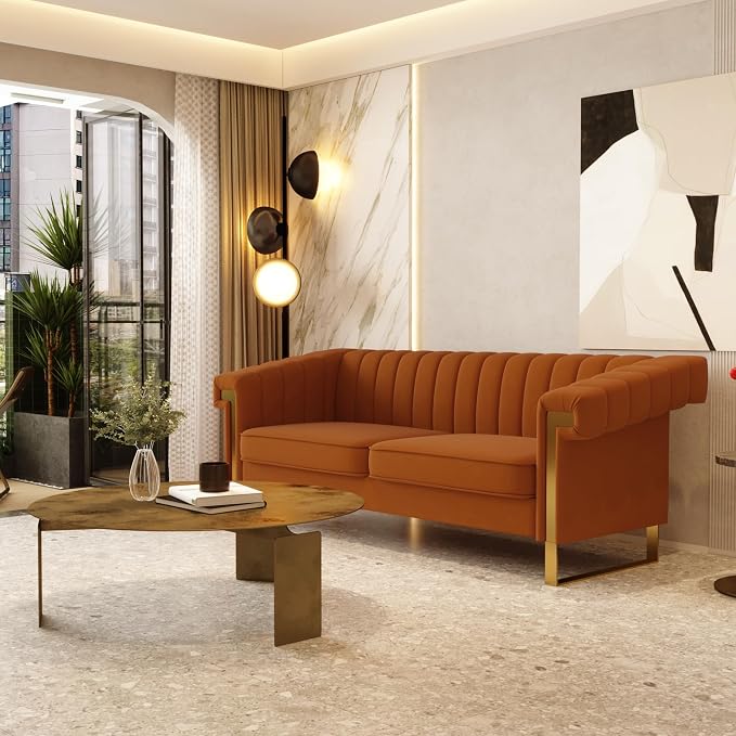Mid-Century Modern Orange Velvet Sofa - Image 5