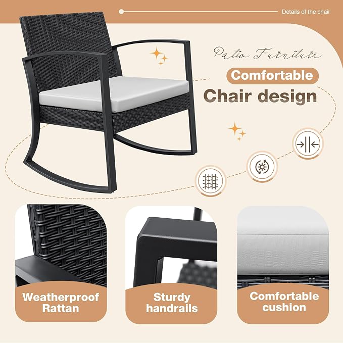 Greesum 3 Pieces Outdoor Furniture Set Patio Bistro Rocking Chairs - Image 6