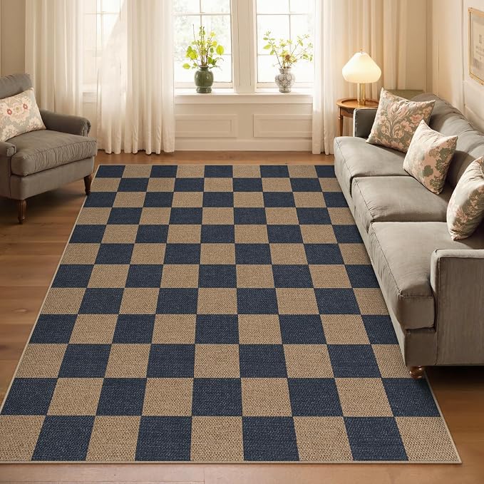 Lahome Checkered Easy Jute Living Room Rugs, 5x7 Outdoor Patio Rug Washable | - Image 2