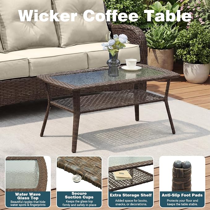 Patio Furniture Set, High Back Rattan Sofa & Swivel Rocker Chairs, Weather - Image 9