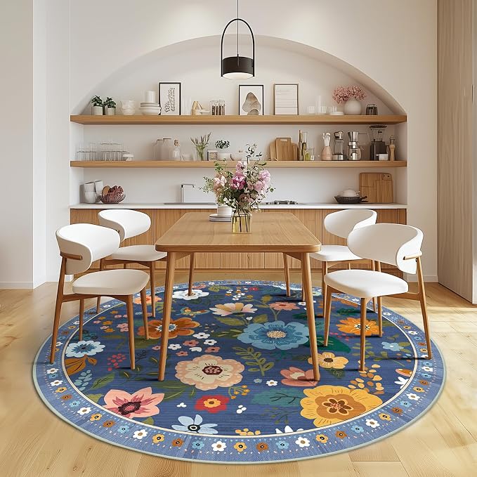 RELEANY Floral Washable Round 4ft Area Rug Blue/Grey | Flower Carpet Print Boho - Image 6