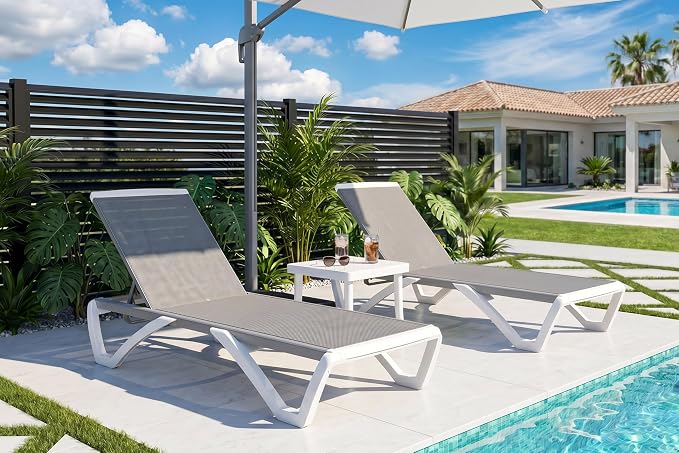 PURPLE LEAF Patio Chaise Lounge Chair Set of 3 Outside Aluminum Plastic by PURPLELEAF