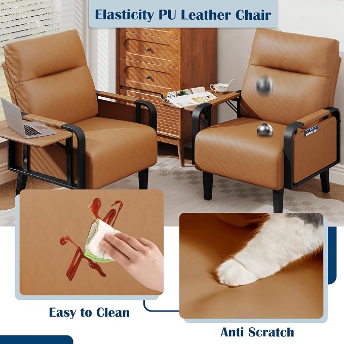 Andeworld Modern Brown Accent Chair, PU Leather Upholstered Armchair Side Chair - Image 5