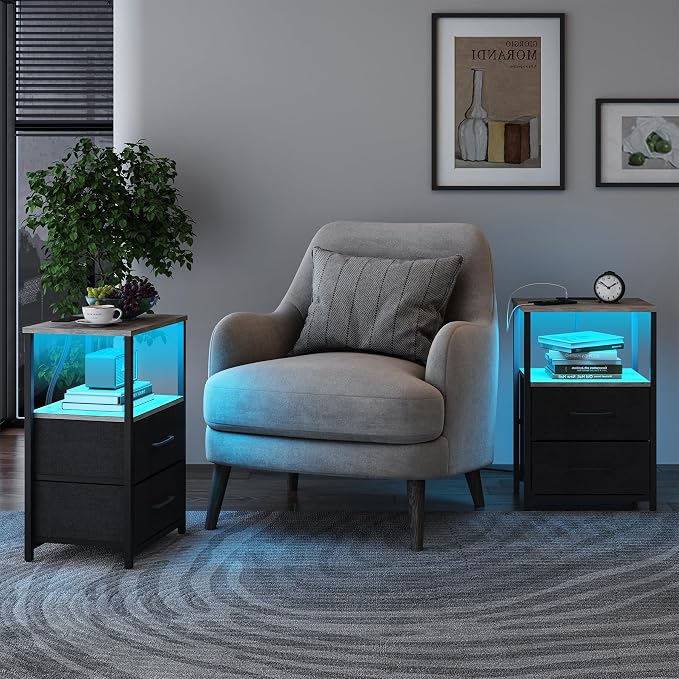 TUTOTAK LED End Table with Charging Station, Nightstand with Cloth Drawer - Image 2