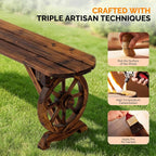 VINGLI Rustic Wooden Wheel Bench Outdoor Bench, Patio Bench Wagon Slatted Seat - Image 5