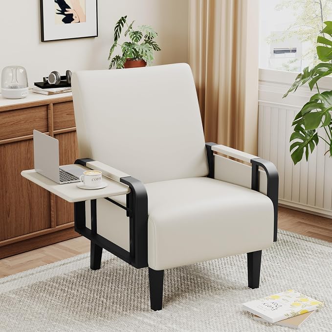 Andeworld Modern Beige Accent Chair, PU Leather Upholstered Armchair Side Chair by Andeworld
