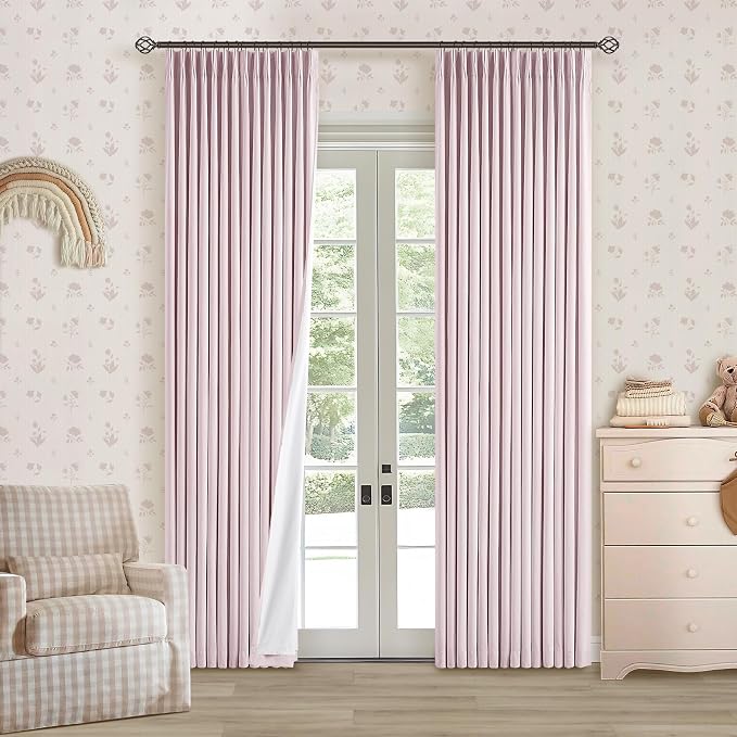 Light Pink Pinch Pleated 100% Blackout Linen 84 Inch Curtains | Room Darkening by Twodrapes