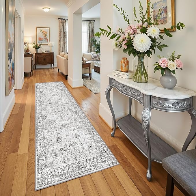 Grey Floral Hallway Runner Rug for Kitchen Bathroom 2'6''x14' | Ultra-Thin; Non - Image 6