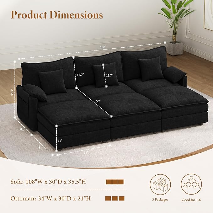 Vesgantti 108" Sectional Sleeper Sofa, 6-Seater Oversized Modular Cloud Couch - Image 6