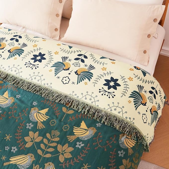 LUTBM Queen Throw Blanket for Bed 100% Cotton Boho Soft Quilt Birds and Floral - Image 9