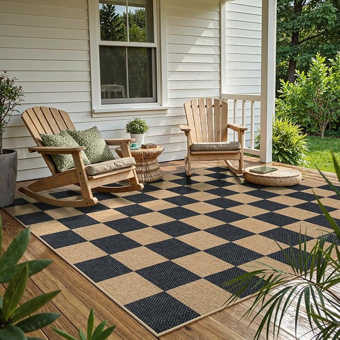 Lahome Checkered Easy Jute Area Rug, 5x7 Outdoor Patio Rug Washable Carpet - Image 8