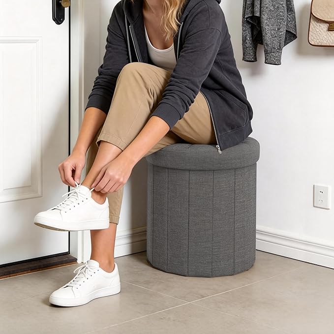 CAROLMADE Round Storage Ottoman, Linen Folding Footrest Stool - Image 5