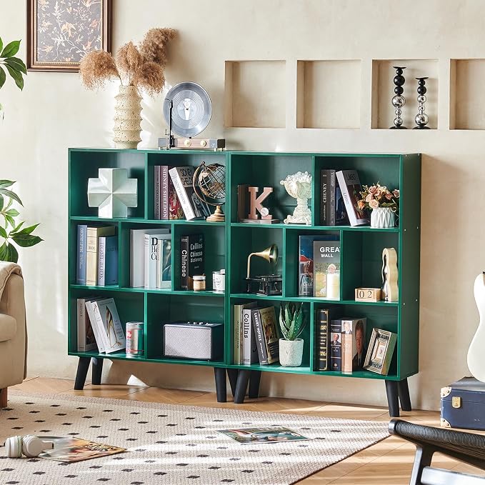 LEYAOYAO Cube Bookshelf 3 Tier Mid-Century Dark Green Modern Bookcase - Image 3