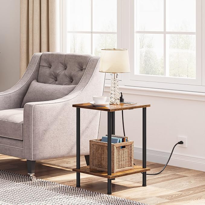 HOOBRO Side Table with Charging Station, Nightstand with 2-Layer Storage Shelves - Image 7