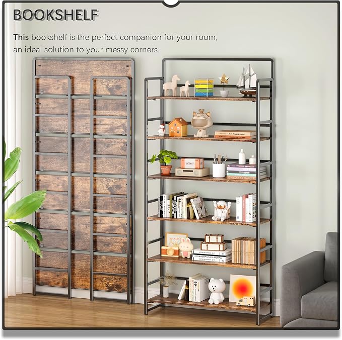 4NM No Assembly Extra Wide 6 Tiers Folding Bookshelf Storage Shelves Vintage - Image 3
