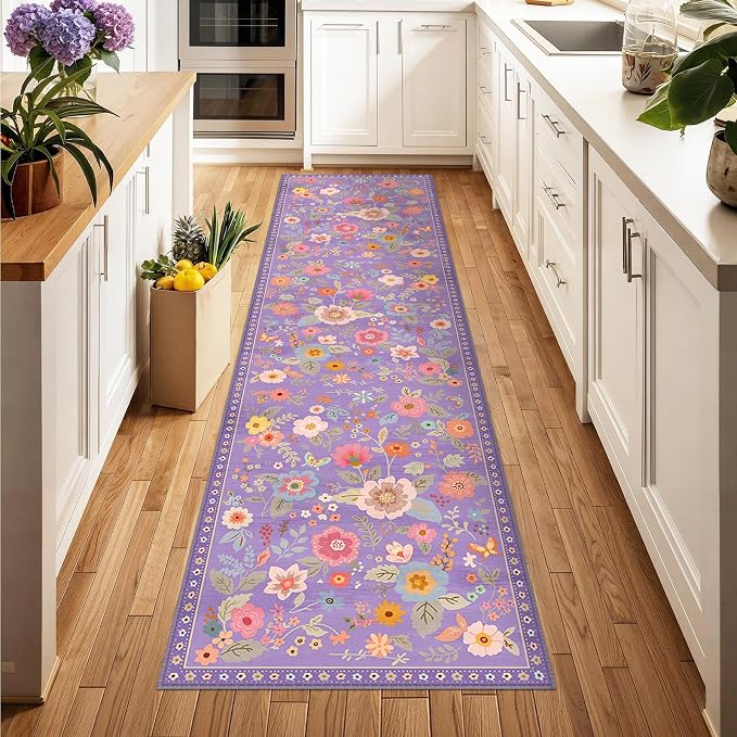 Floral Washable 2x6 Area Rugs Runner Entryway Hallway Purple/Pink | Flower - Image 8