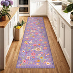 Floral Washable 2x10 Area Rugs Runner Entryway Hallway Purple/Pink | Flower - Image 2