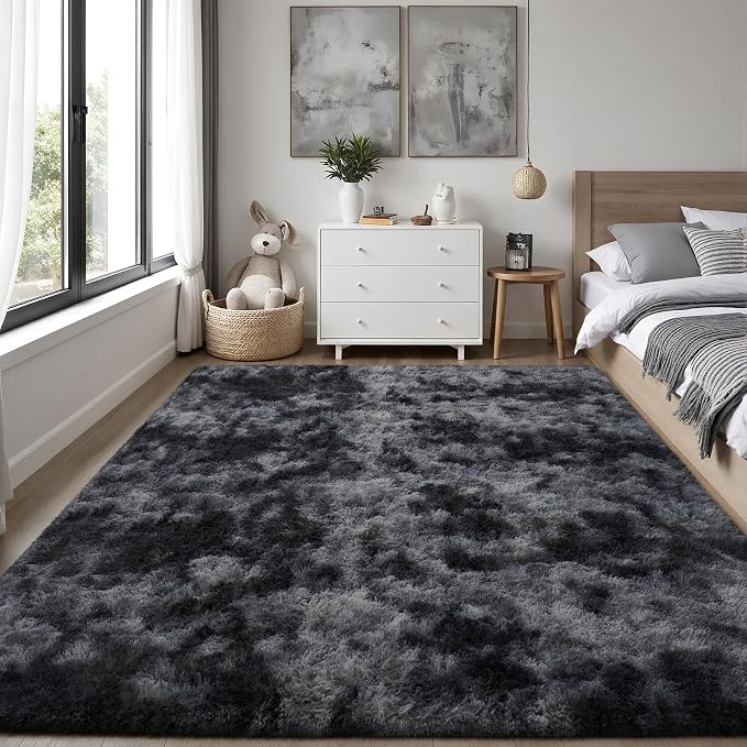 PLHXFR 4x6 Area Rugs Living Room: Fluffy Bedroom Soft Shag Rug Black Grey | - Image 2