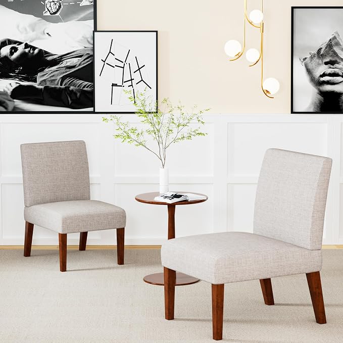 Set of 2 Accent Chairs with Matching Table, Linen Upholstered Solid Wood Side by TASSULLO