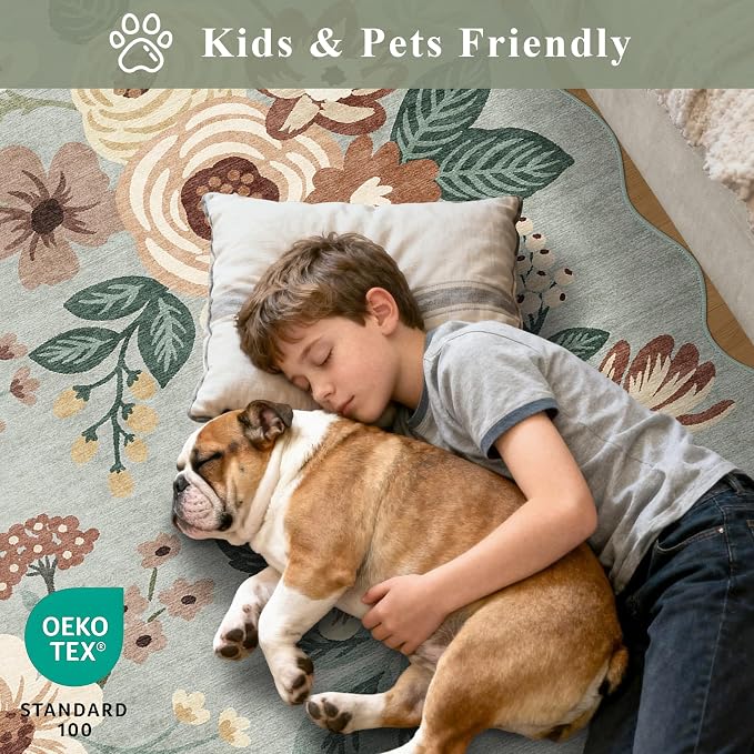 DUKINO 2x4 Rug for Entryway, Floral Washable Kitchen Rugs, Sage Green | Non Slip - Image 4