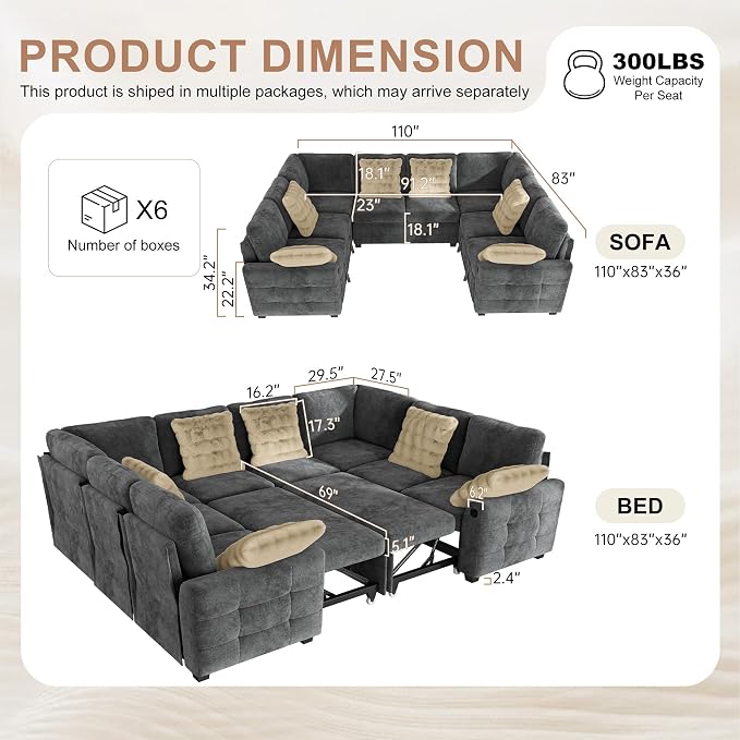 Hanherry Sectional Couch with Pull Out Sofa Bed, Chenille Sleeper Sofa with 2 - Image 2