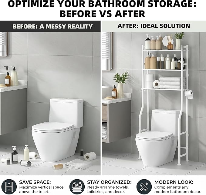 GloTika 3-Tier Over Toilet Storage - 150lb Total Capacity Metal Bathroom - Image 7