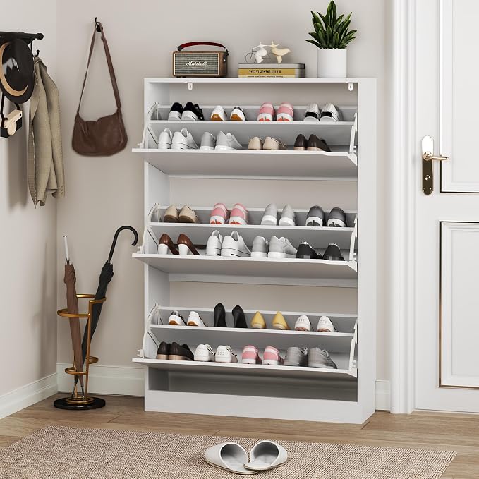 BORNOON Shoe Cabinet with 3 Flip Drawers, Hidden Wood Shoe Cabinet, - Image 7